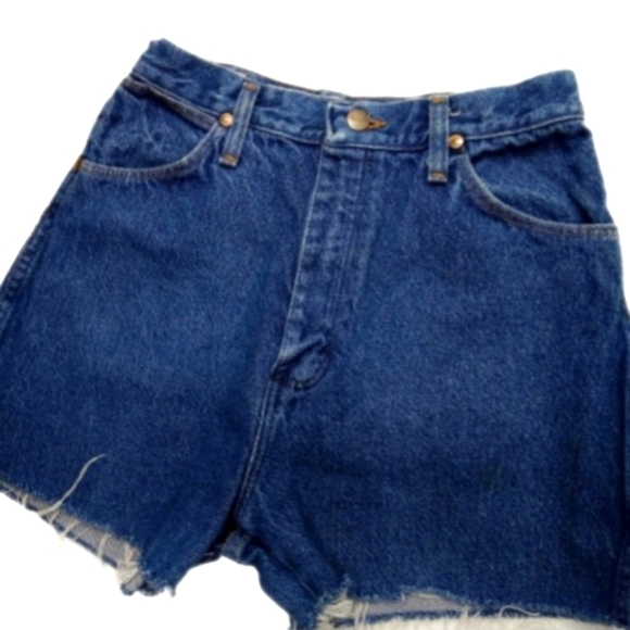 Wrangler Short Mini Vintage USA High Rise 7/8 Cut-off Mid Wash Blue Fray - Picture 1 of 9